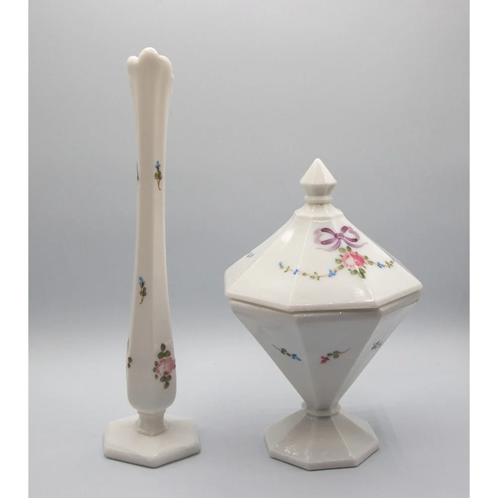 Vintage Milk Glass Floral Bud Vase‎ and Lidded Candy Dish Set Hand Painted Roses